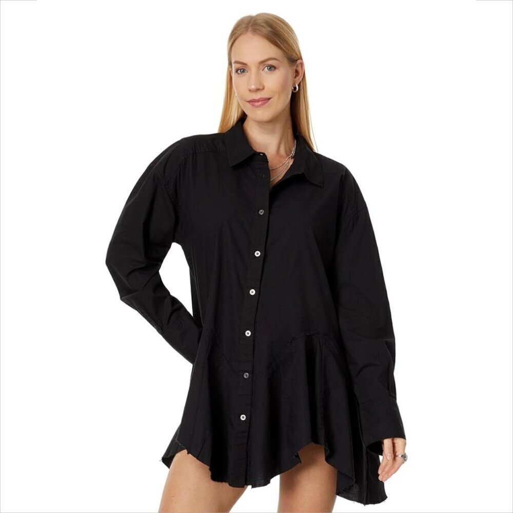 We The Free People Freya Poplin tunic blouse top shirt black button fray new XS